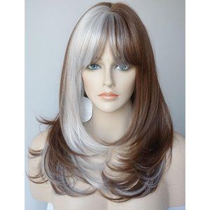 Wigbuy Women Brown and silver Synthetic Long Layered Money piece Multicolor Wigs